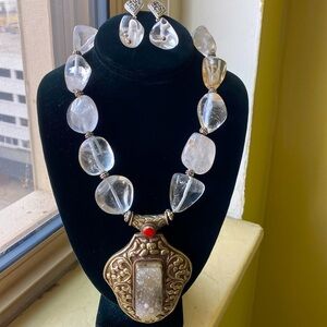 Quartz one-of-a-kind statement necklace and earring set.